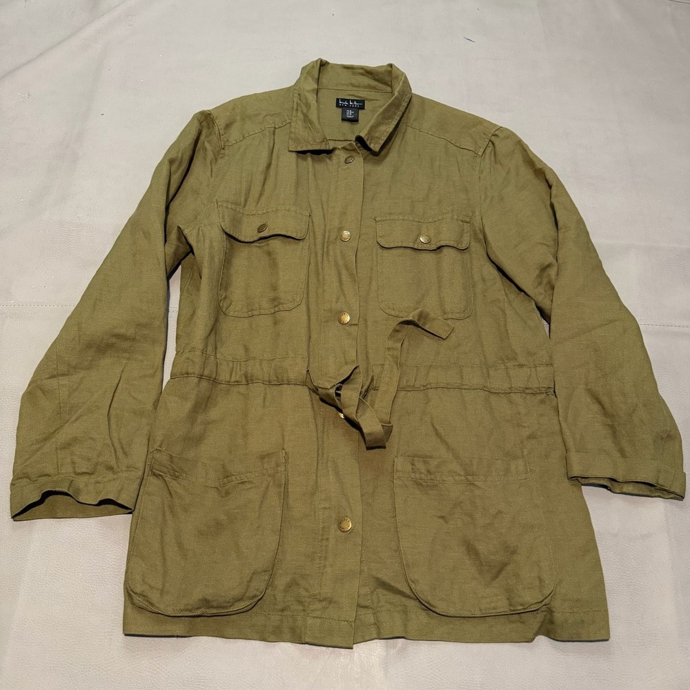 Nicole Miller Olive Utility Chore Jacket Women Linen Shacket Belt Military-7089